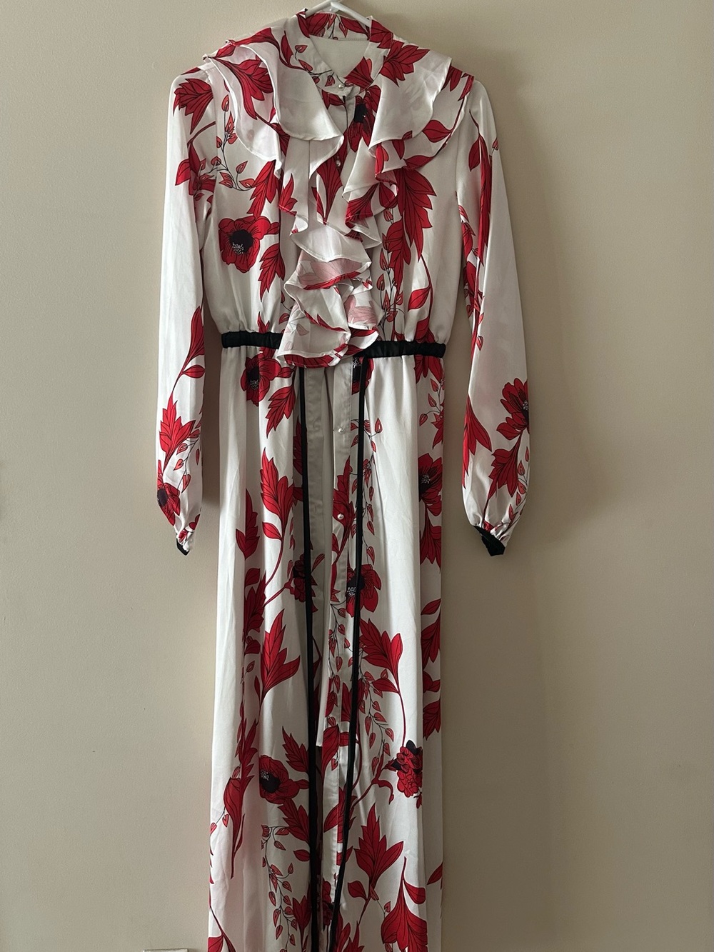 White Maxi Dress with Red Floral Print and Ruffle Front